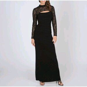 Cachet Black Keyhole Sequins Lace Mock Shrug Shirred Gown Dress 8 EUC